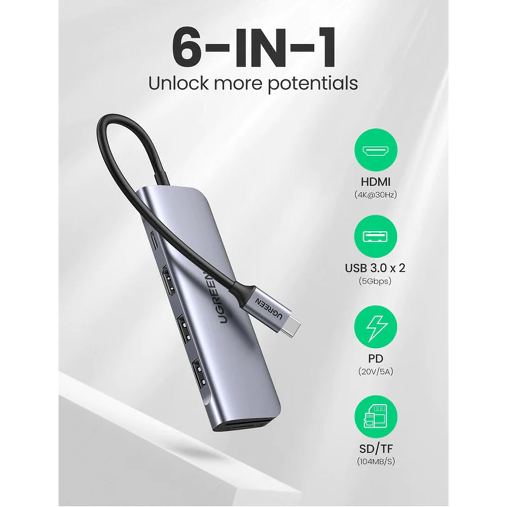 Ugreen - Docking Station CM195 (70411) - Type-C to 2xUSB-A 3.0, HDMI 4k@30Hz, SD/TF Card Reader, Type-C PD 100W - Space 