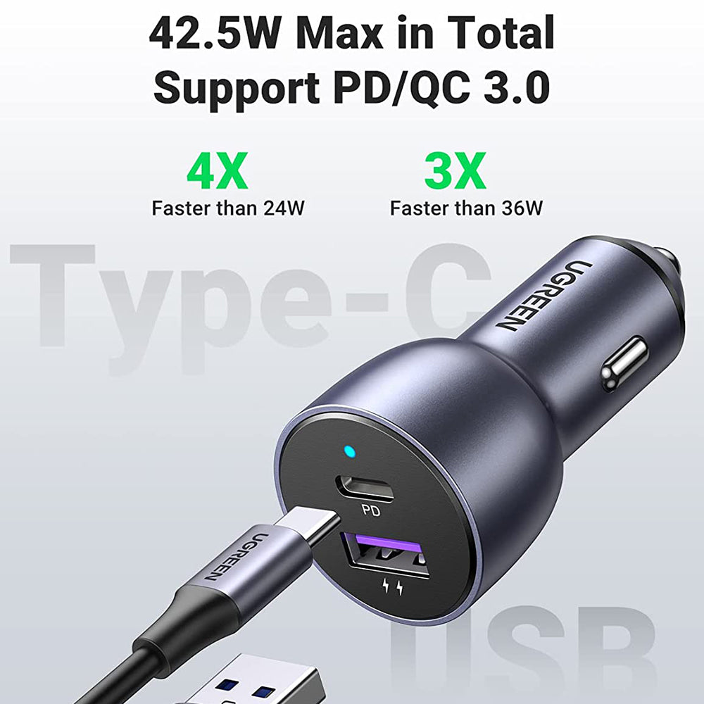 Ugreen - Car Charger Aluminium Shell CD213 (60980) - 2x USB-A, QC 3.0, 42.5W - Dark Blue