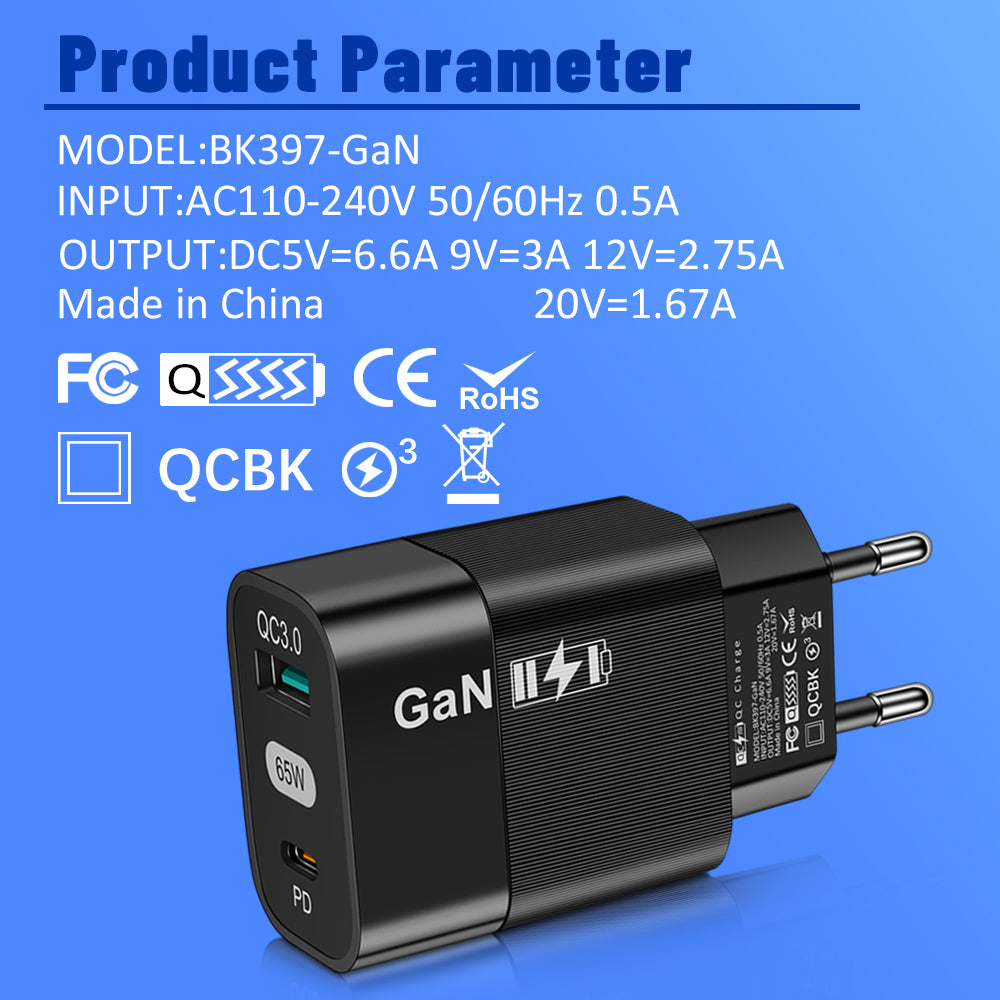 Techsuit - Wall Charger (CHPD131) - GaN, USB, Type-C, Fast Charge, 65W - Black