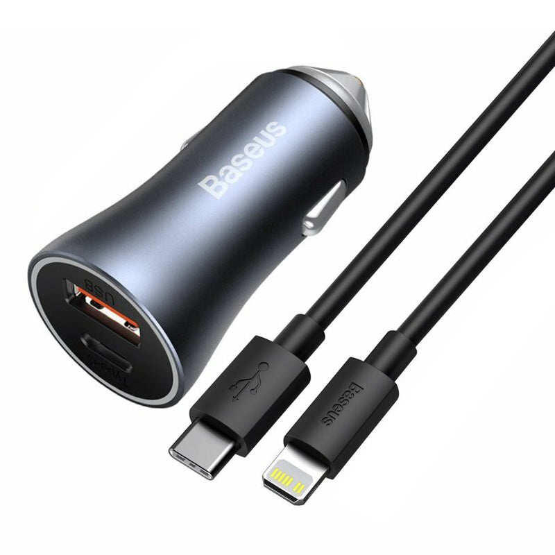 Baseus - Car Charger Golden Pro (TZCCJD-B0G) - USB-A, USB-C, 40W with Cable Type-C to Lightning - Dark Gray