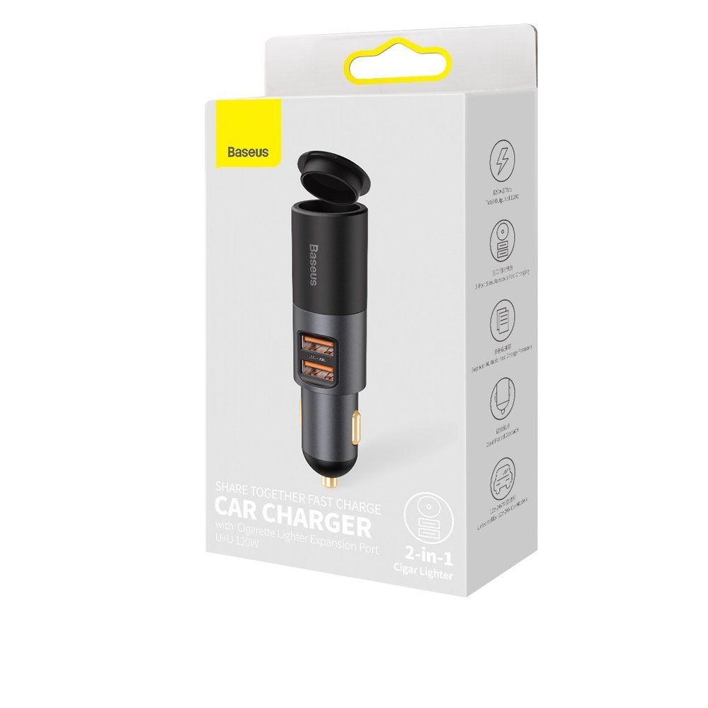 Baseus - Car Charger Share Together (CCBT-D0G/C00034800817-Z1) - Cigarette Lighter Expansion, 2xUSB-A, QC 3.0 120W - Gra
