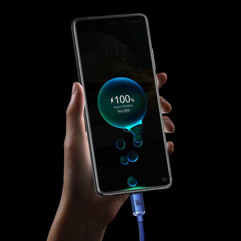 Baseus - Data Cable Crystal Shine (CAJY000503) - USB to Type-C, 100W, 2m, Super Fast Charging, Nylon Braided - Blue