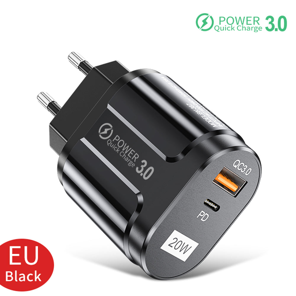 Techsuit - Wall Charger Premium (CHPD038) - USB-A, QC 3.0, USB-C, 20W - Black