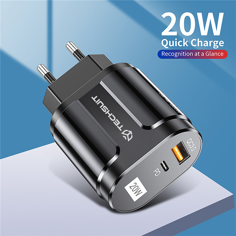 Techsuit - Wall Charger Premium (CHPD038) - USB-A, QC 3.0, USB-C, 20W - Black