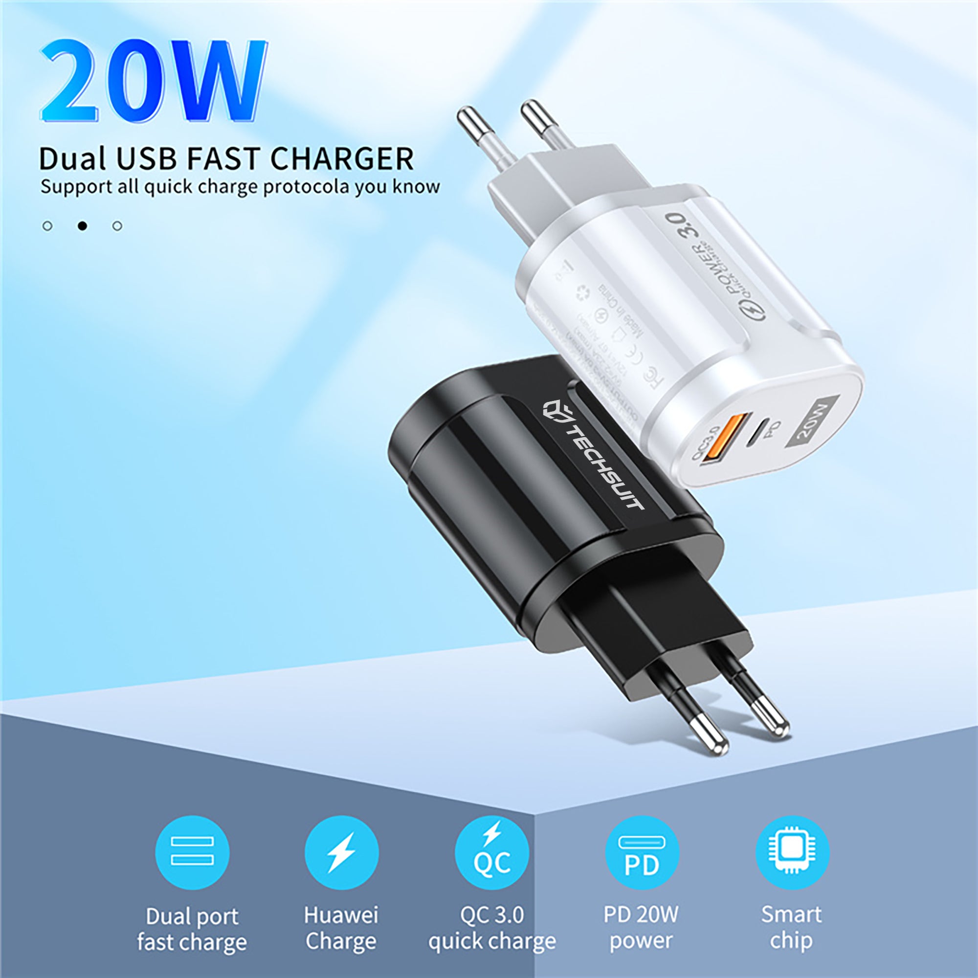 Techsuit - Wall Charger Premium (CHPD038) - USB-A, QC 3.0, USB-C, 20W - Black