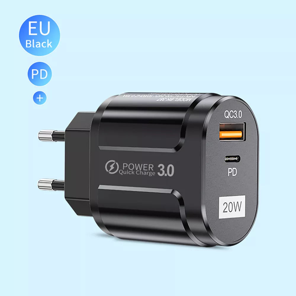 Techsuit - Wall Charger Premium (CHPD038) - USB-A, QC 3.0, USB-C, 20W - Black