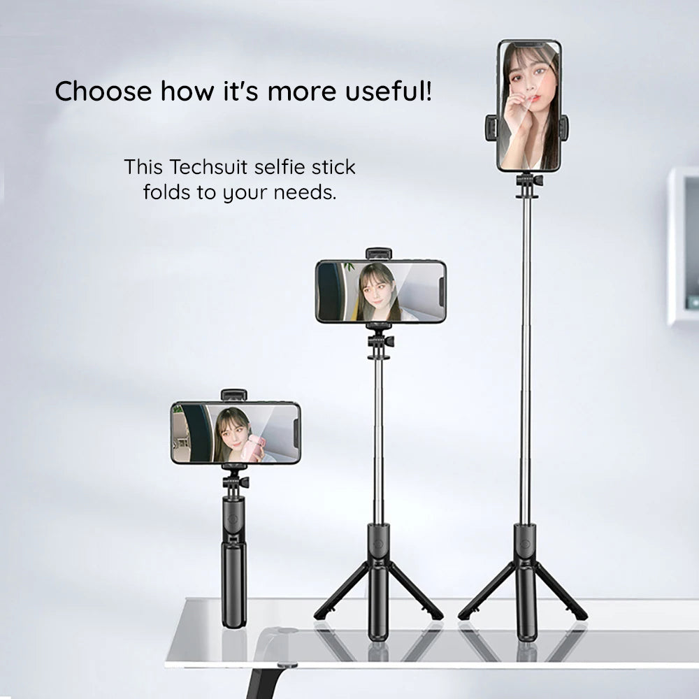 Techsuit - Selfie Stick (S03) - Stable and Compact Tripod Mount with Bluetooth Remote Control, 68cm - Black