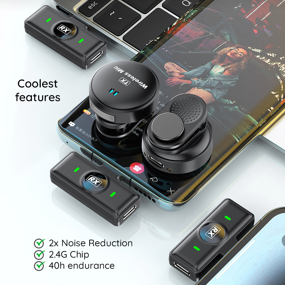 Techsuit - (2 pack) Lavalier Wireless (LW5) - with Receiver, Type-C, Noise Reduction 2.0, Digital Display - Black