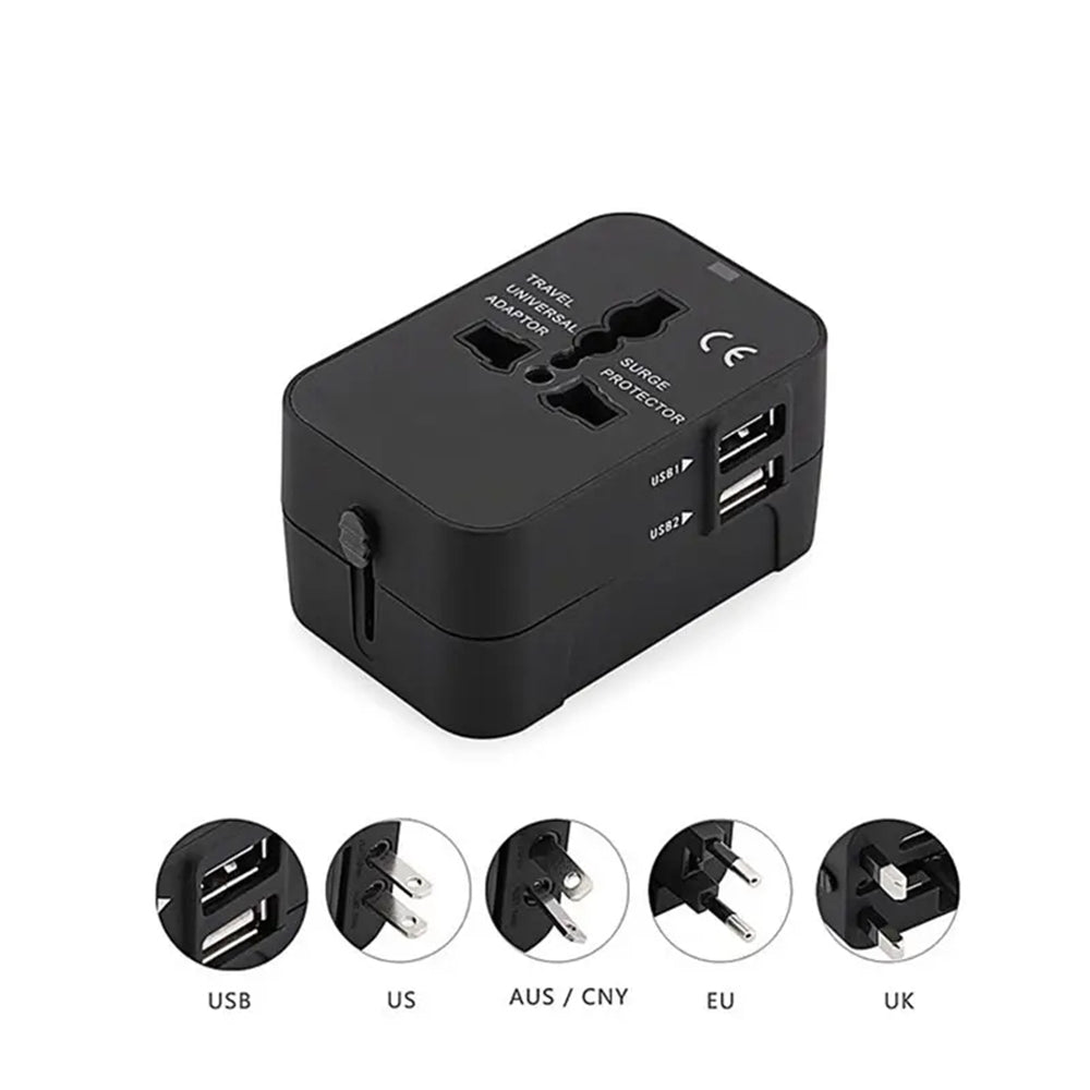 Techsuit - Travel Adapter (HHT202) - 2 x USB, EU, UK, AUS, US - Black