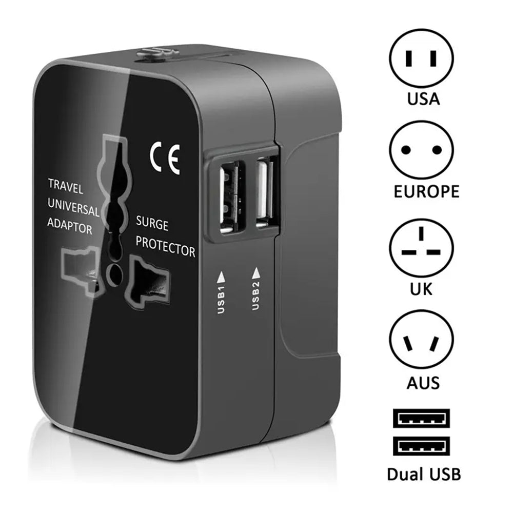 Techsuit - Travel Adapter (HHT202) - 2 x USB, EU, UK, AUS, US - Black