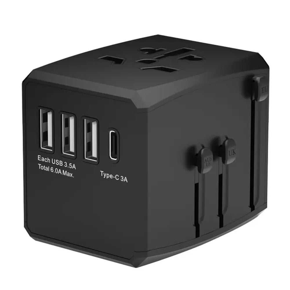 Techsuit - Travel Adapter (HHT904-B1) - PD15W, 3 x USB, Type-C, EU, UK, AUS, US - Black
