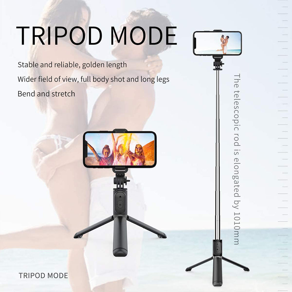 Techsuit - Selfie Stick (Q01) - with Bluetooth Remote Control and Stable Tripod Mount, 101cm - Black