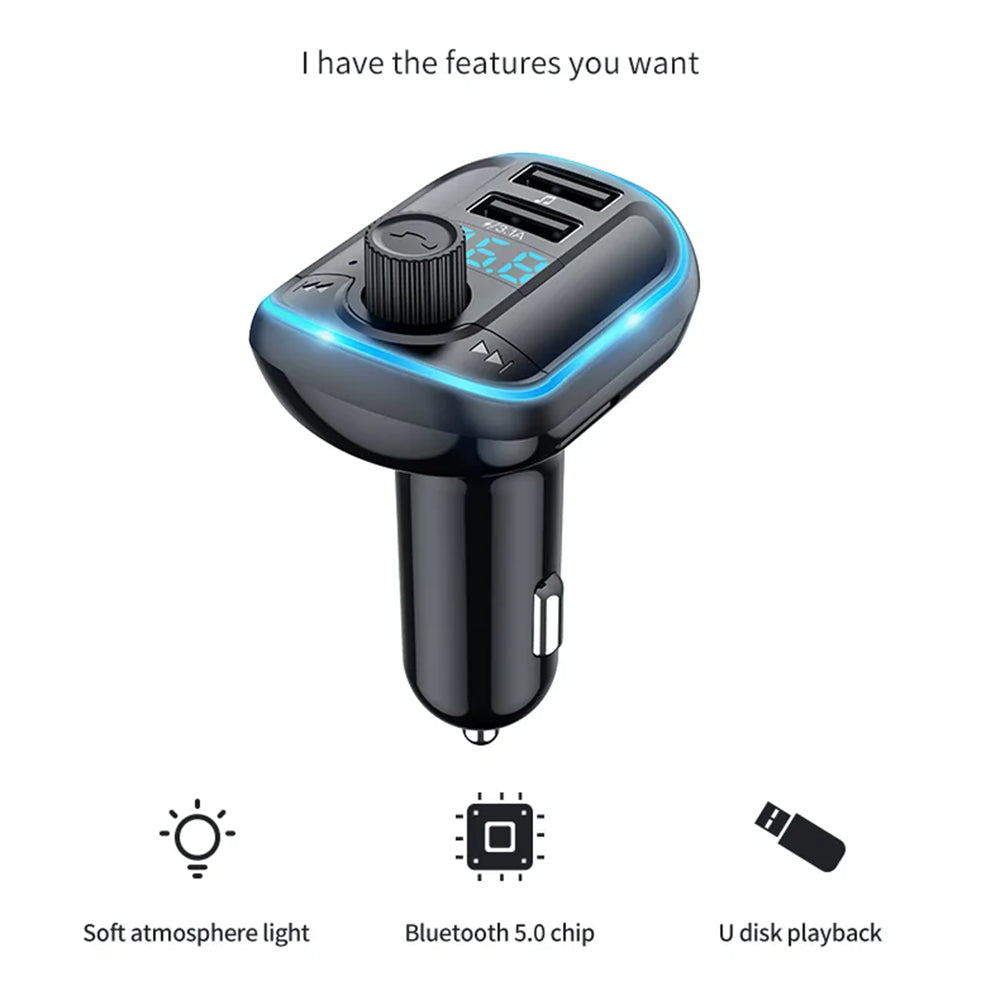 Yesido - FM Modulator with Car Charger (Y44) - 2xUSB-A, with LED Display, RGB Light, 3.1A - Black