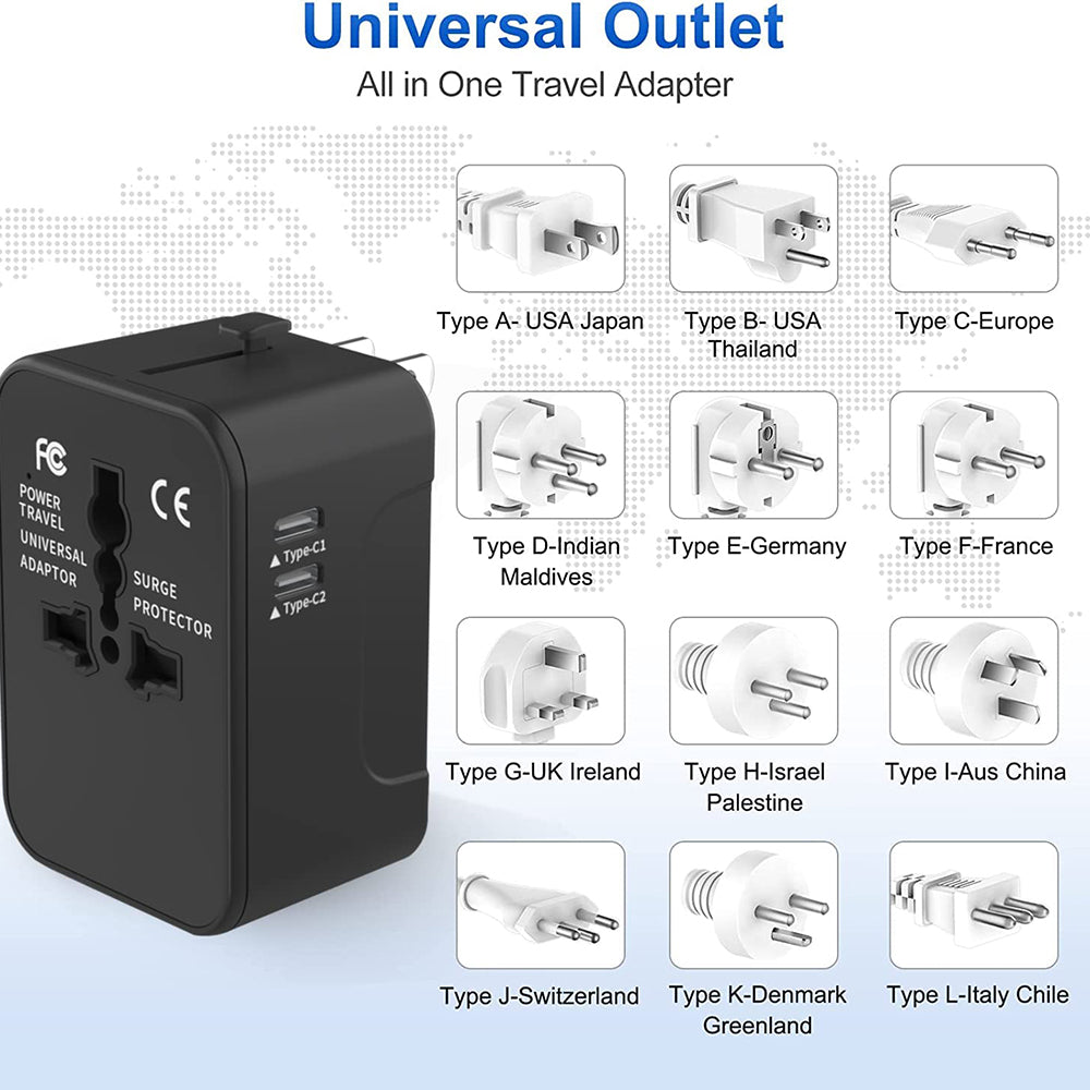 Techsuit - Travel Adapter (HHT202-2C) - 2 x USB-C, EU, UK, AUS, US - White