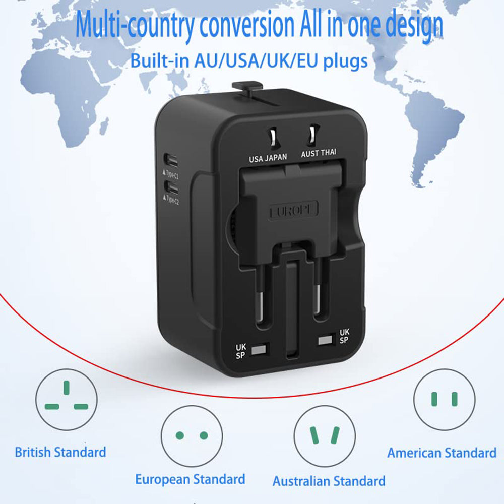 Techsuit - Travel Adapter (HHT202-2C) - 2 x USB-C, EU, UK, AUS, US - Black