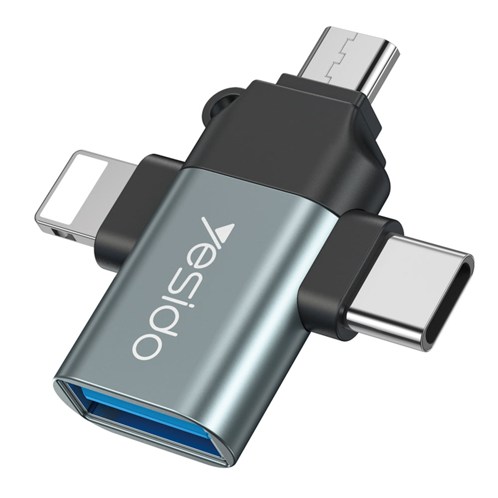 Yesido - OTG Adapter (GS15) - USB to Lightning, Micro-USB, Type-C, Plug & Play, 480Mbps - Black