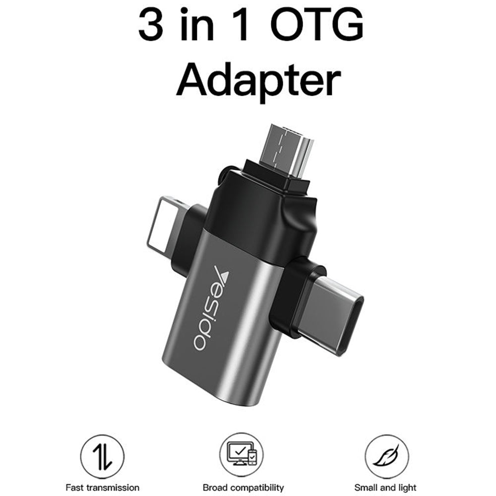 Yesido - OTG Adapter (GS15) - USB to Lightning, Micro-USB, Type-C, Plug & Play, 480Mbps - Black