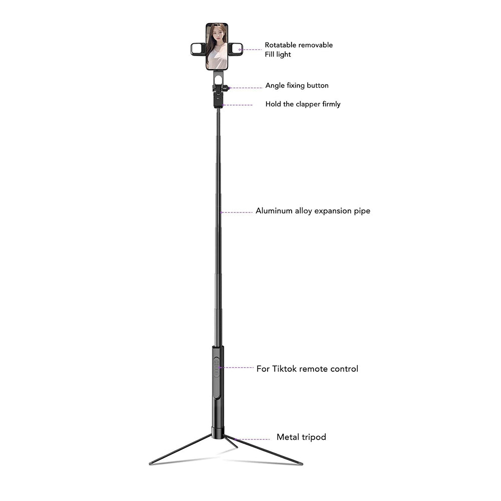 Techsuit - Selfie Stick (K30S) - Compact Tripod Mount, Bluetooth Remote Control, Double LED Light, Foldable, 167cm - Bla