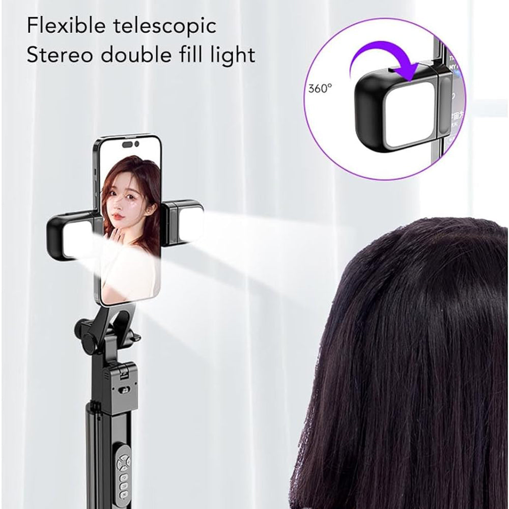 Techsuit - Selfie Stick (K30S) - Compact Tripod Mount, Bluetooth Remote Control, Double LED Light, Foldable, 167cm - Bla