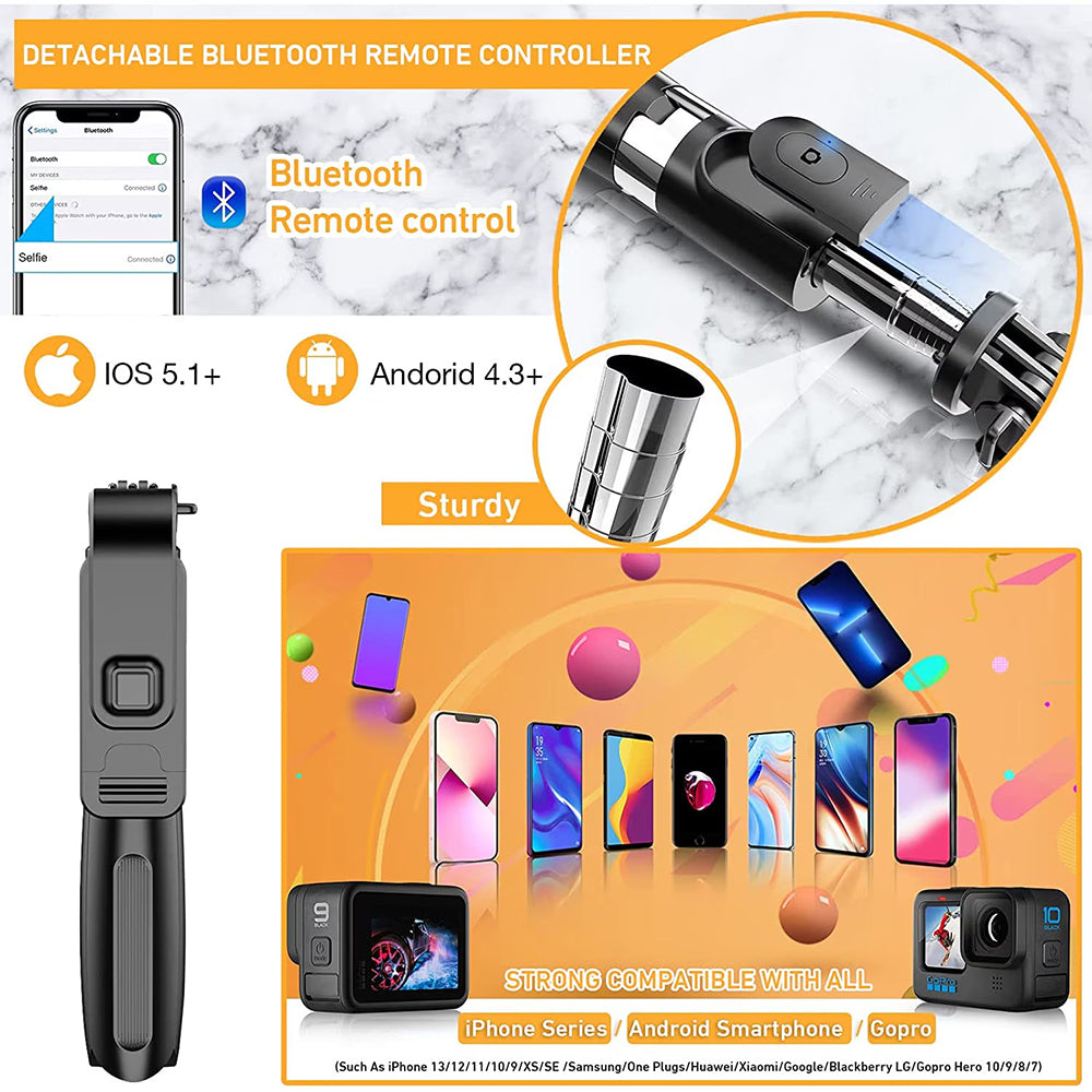 Techsuit - Selfie Stick (L02) - Stable Tripod with Bluetooth Remote Control, GoPro Compatible, 360 Rotation, 100cm - Bla