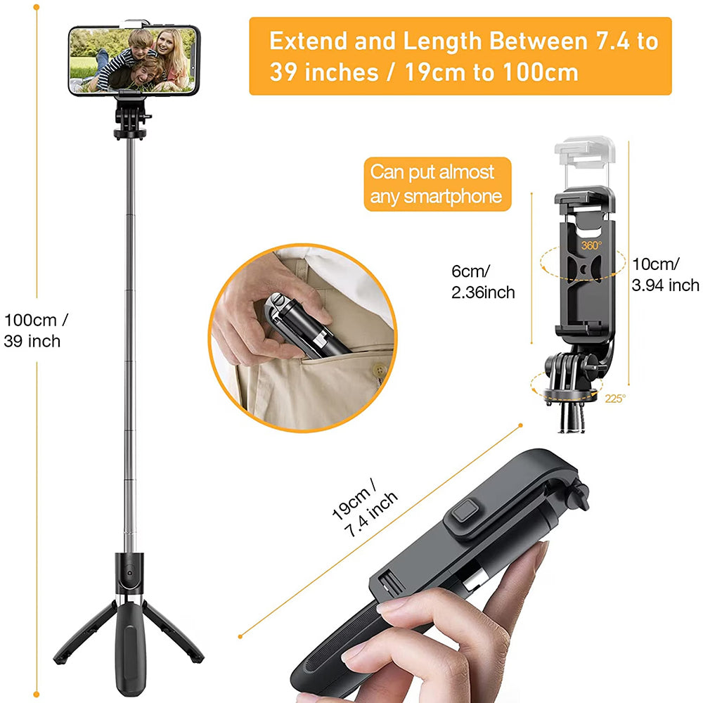 Techsuit - Selfie Stick (L02) - Stable Tripod with Bluetooth Remote Control, GoPro Compatible, 360 Rotation, 100cm - Bla