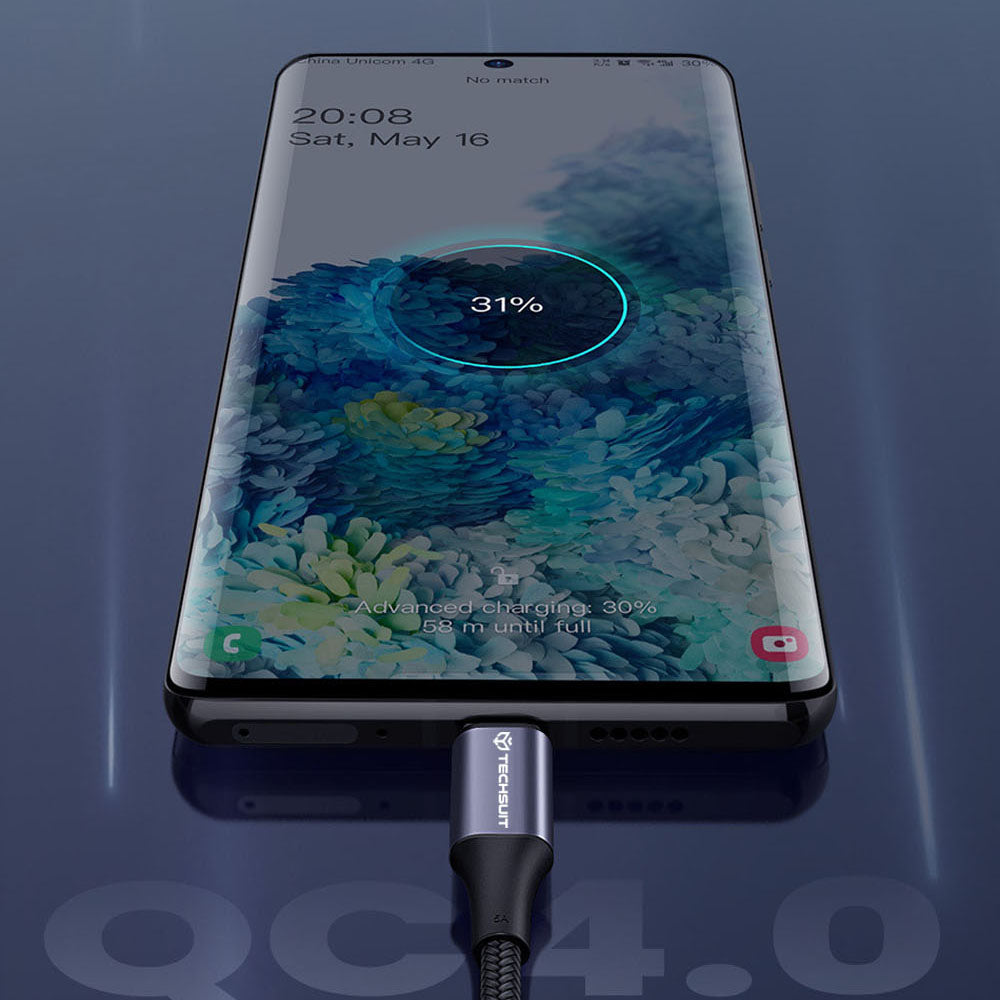 Techsuit - Data Cable (PCB018) - Type-C to Type-C, Super Fast Charging, PD100W, 480Mbps, Nylon, Aluminum Alloy, 1m - Bla