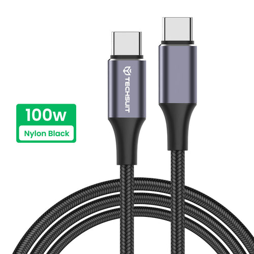 Techsuit - Data Cable (PCB018) - Type-C to Type-C, Super Fast Charging, PD100W, 480Mbps, Nylon, Aluminum Alloy, 1m - Bla