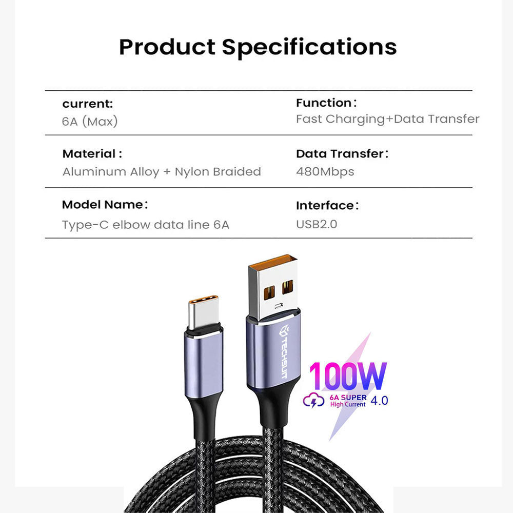 Techsuit - Data Cable (PCB018) - USB-A to Type-C, Super Fast Charging, 100W, 480Mbps, 6A, Nylon, Aluminum Alloy, 1m - Bl