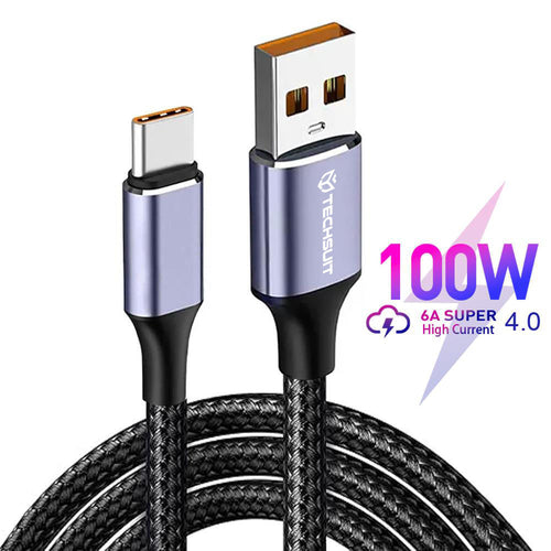 Techsuit - Data Cable (PCB018) - USB-A to Type-C, Super Fast Charging, 100W, 480Mbps, 6A, Nylon, Aluminum Alloy, 1m - Bl