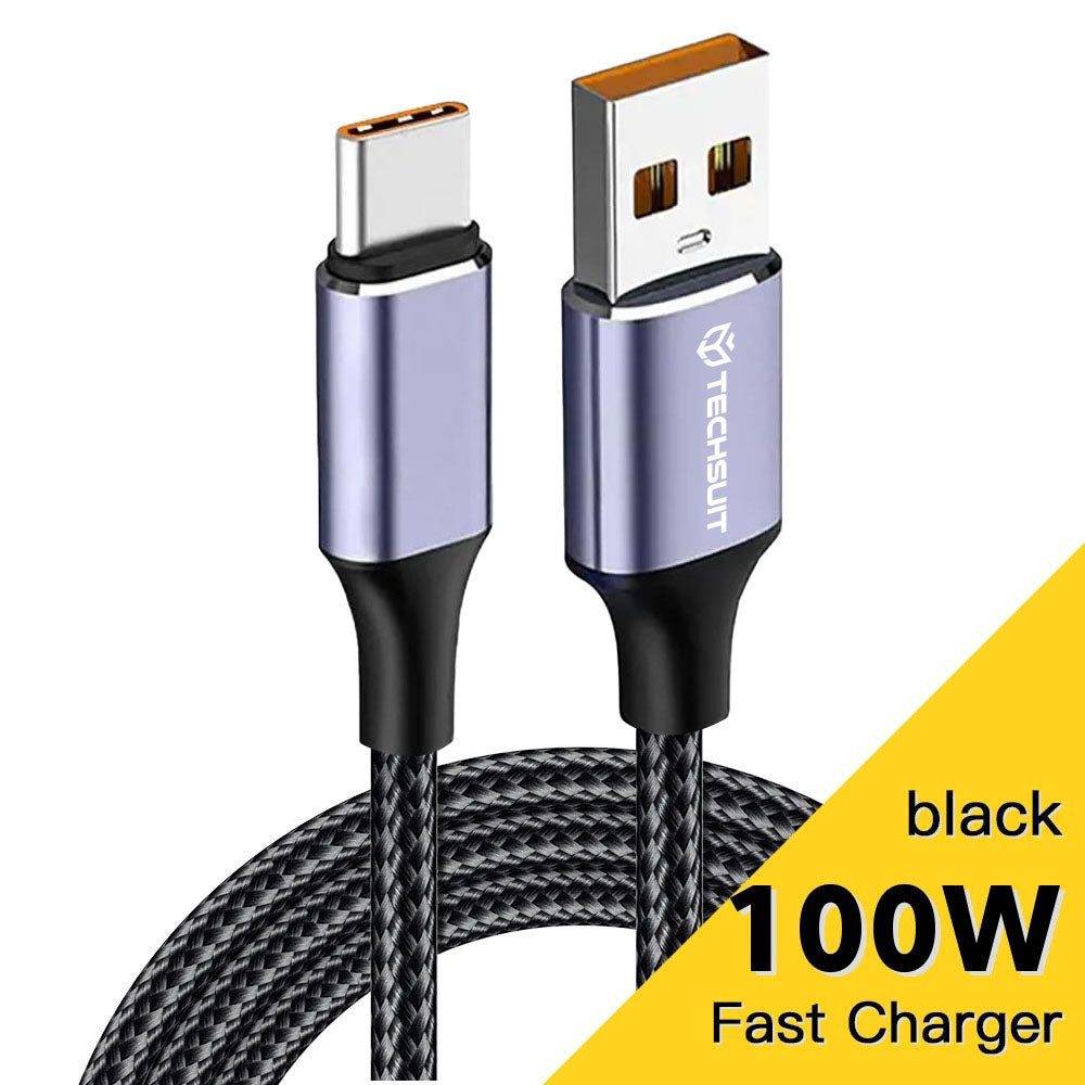 Techsuit - Data Cable (PCB018) - USB-A to Type-C, Super Fast Charging, 100W, 480Mbps, 6A, Nylon, Aluminum Alloy, 1m - Bl