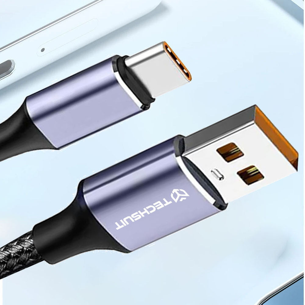 Techsuit - Data Cable (PCB018) - USB-A to Type-C, Super Fast Charging, 100W, 480Mbps, 6A, Nylon, Aluminum Alloy, 1m - Bl
