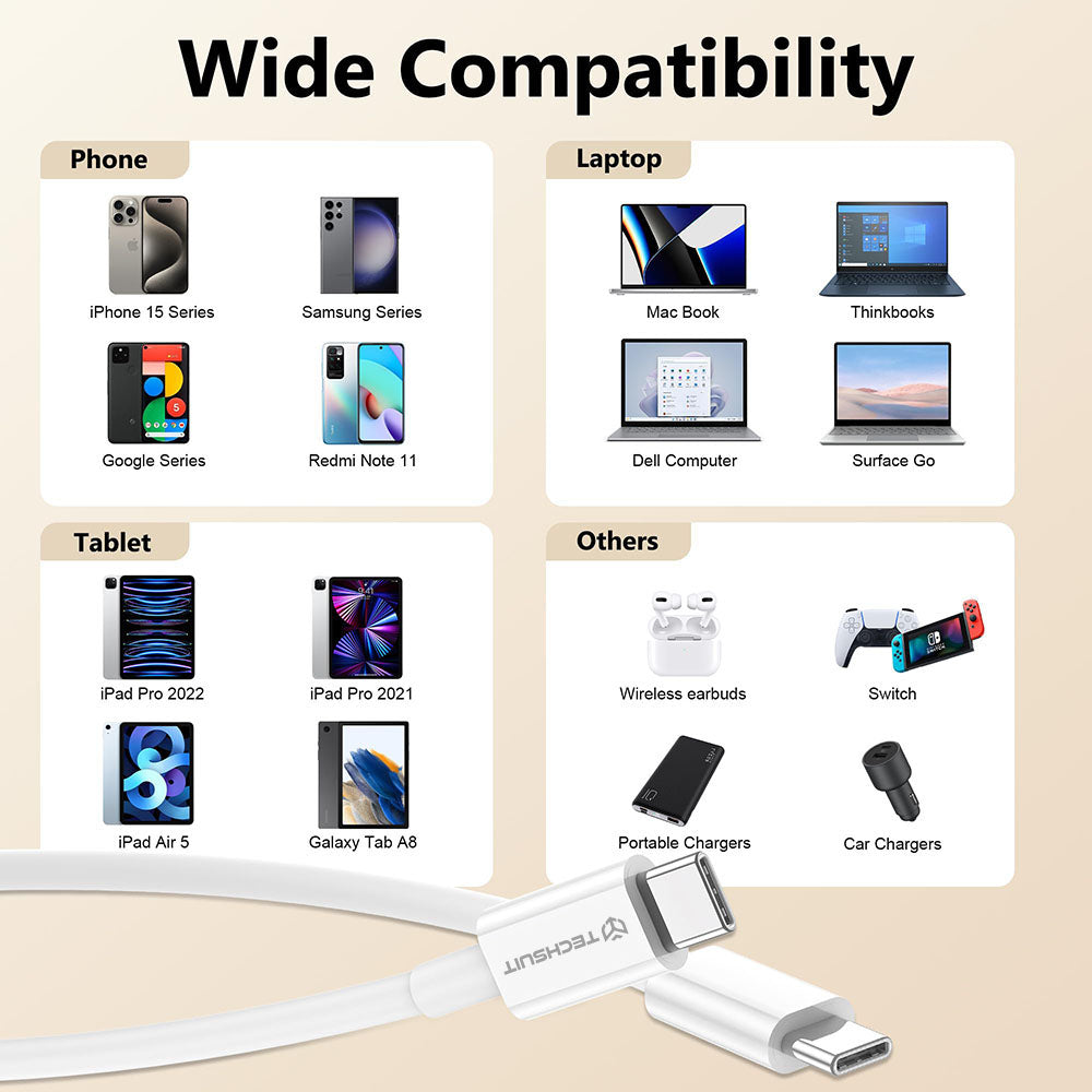 Techsuit - Data Cable (PCB130) - Type-C to Type-C, Fast Charging, 60W, 480Mbps, Aluminum Alloy, 1m - White