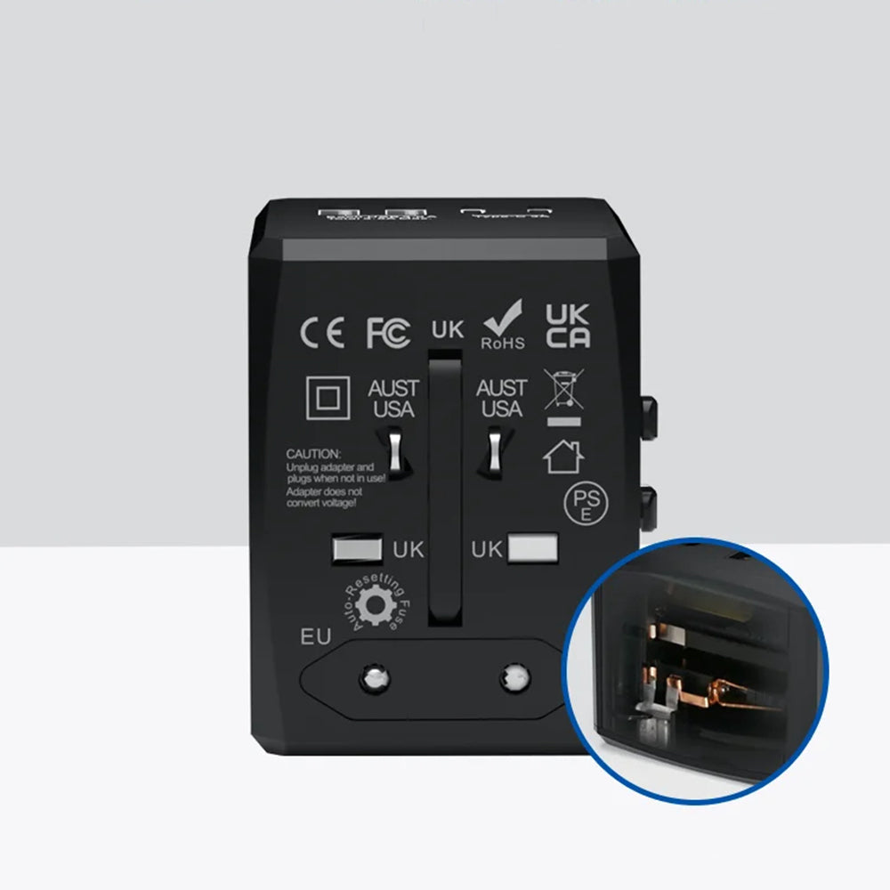 Techsuit - Travel Adapter (HHT904-B2) - PD20W, 2 x USB, 2 xType-C, EU, UK, AUS, US - Black