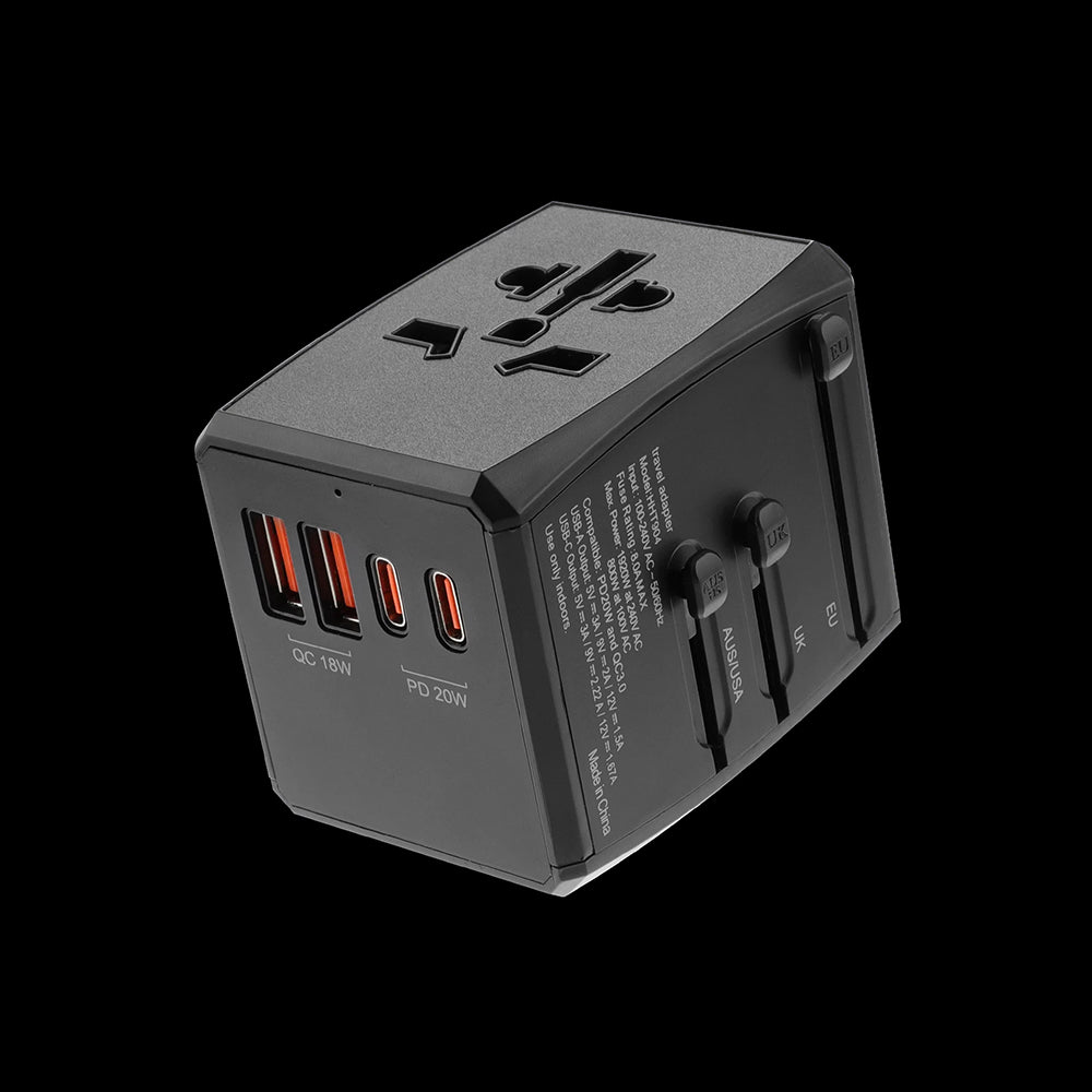 Techsuit - Travel Adapter (HHT904-B2) - PD20W, 2 x USB, 2 xType-C, EU, UK, AUS, US - Black