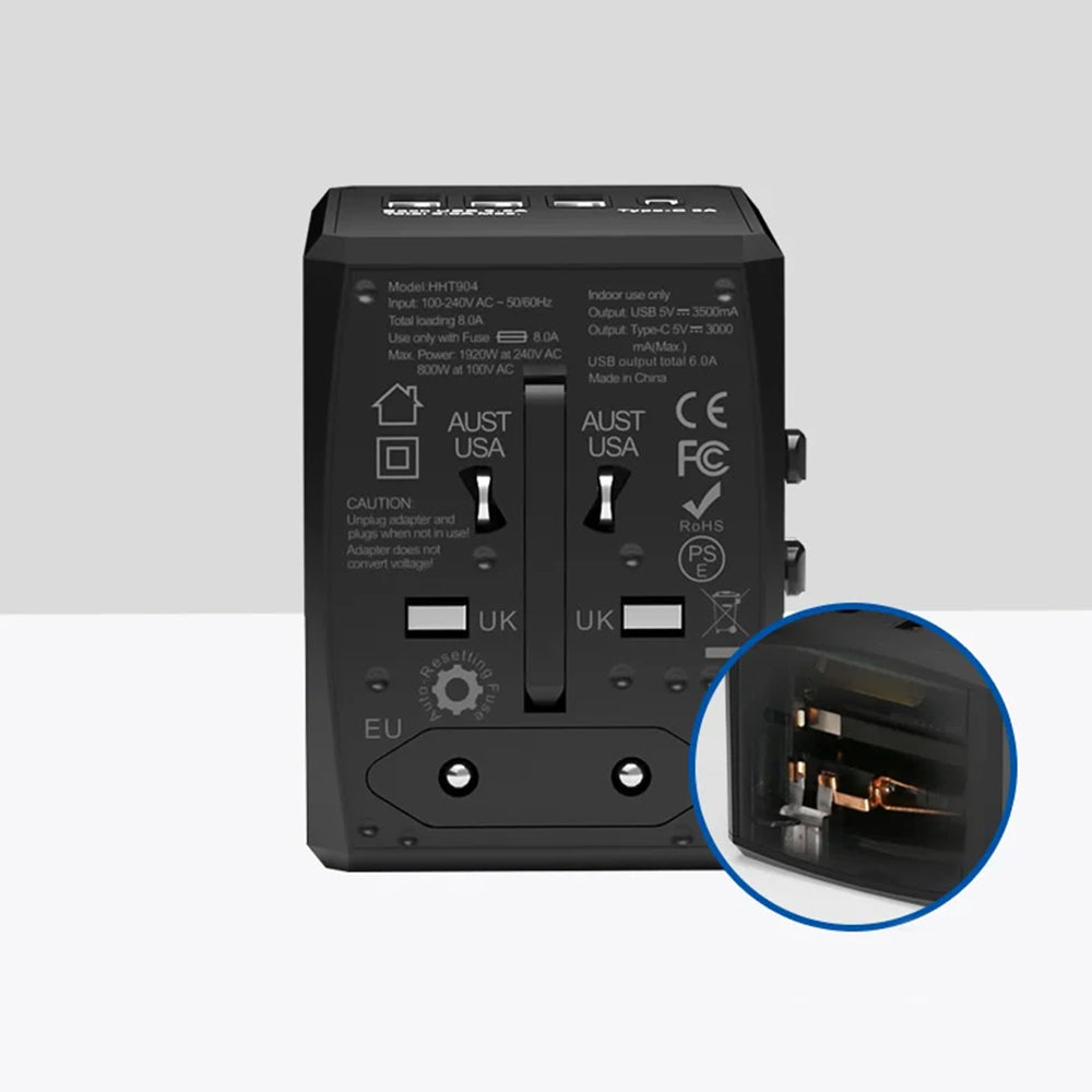 Techsuit - Travel Adapter (HHT904-B1) - PD15W, 3 x USB, Type-C, EU, UK, AUS, US - Black