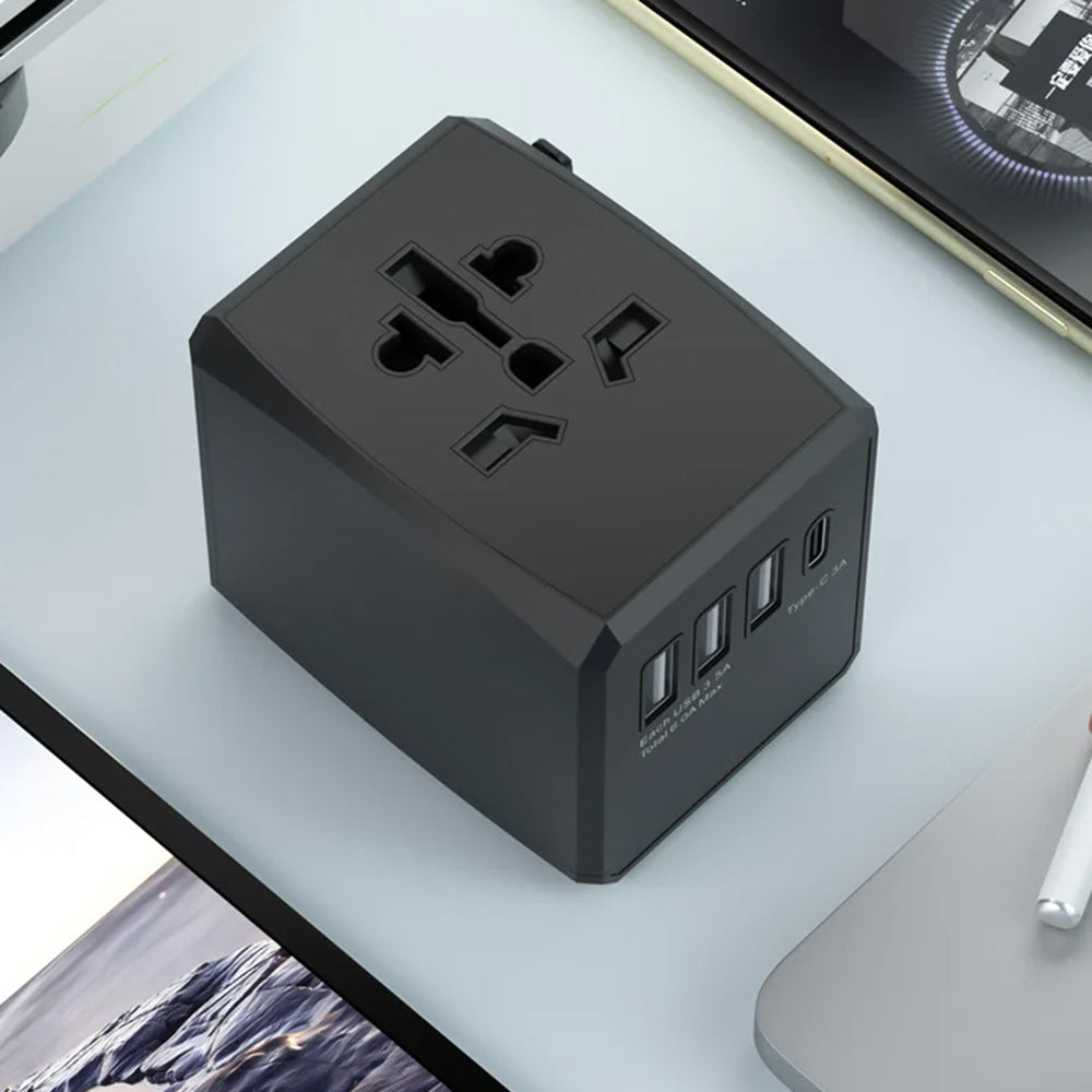 Techsuit - Travel Adapter (HHT904-B3) - PD30W, 3 x USB, Type-C, EU, UK, AUS, US - Black