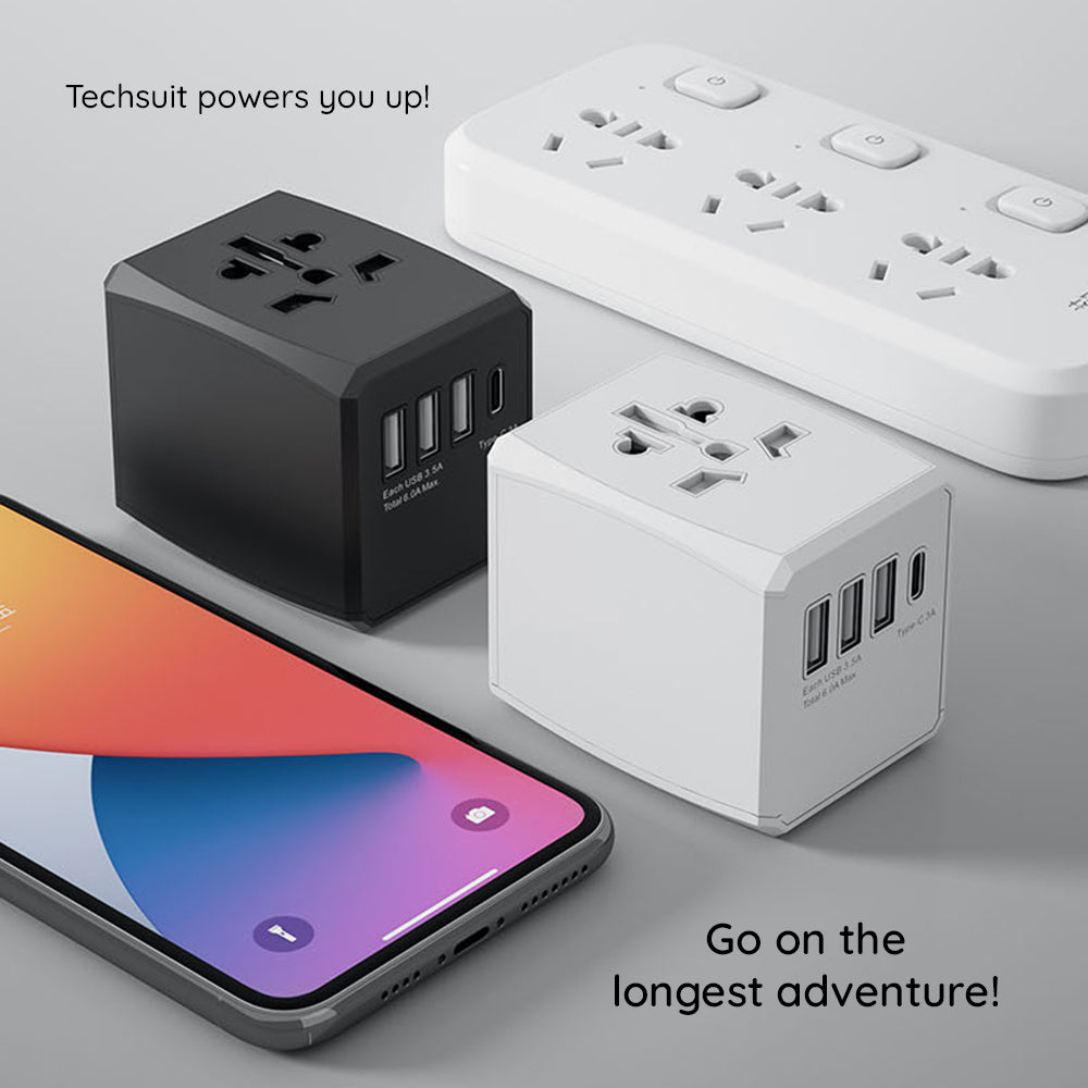 Techsuit - Travel Adapter (HHT904-B3) - PD30W, 3 x USB, Type-C, EU, UK, AUS, US - Black