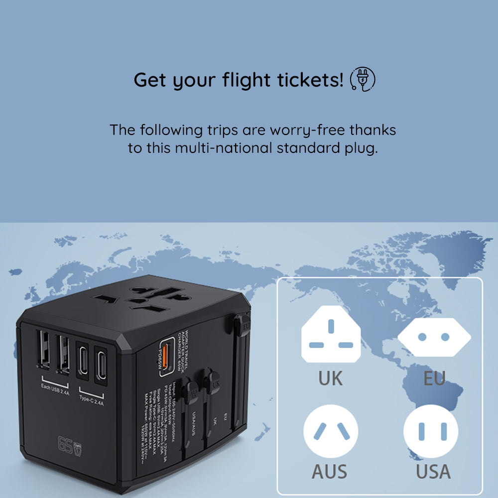Techsuit - Travel Adapter (HHT906) - PD65W, 2 x USB, 3 x Type-C, EU, UK, AUS, US - Black