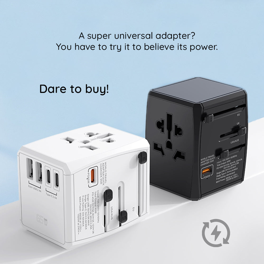 Techsuit - Travel Adapter (HHT906) - PD65W, 2 x USB, 3 x Type-C, EU, UK, AUS, US - Black