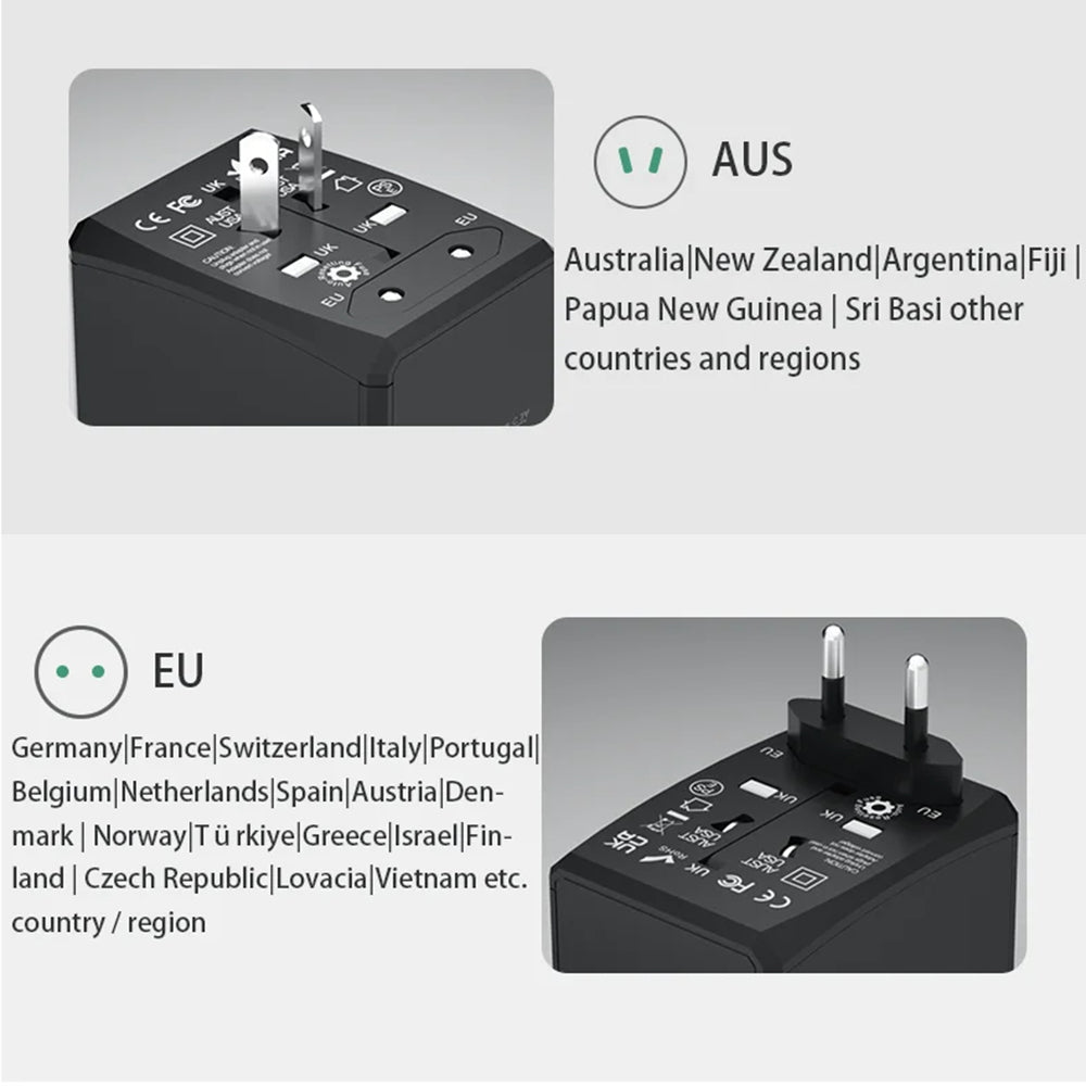 Techsuit - Travel Adapter (HHT906) - PD65W, 2 x USB, 3 x Type-C, EU, UK, AUS, US - Black