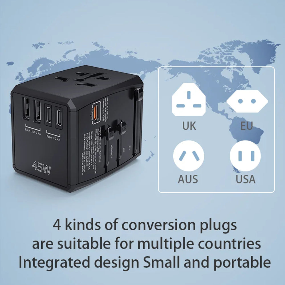 Techsuit - Travel Adapter (HHT905) - PD45W, 2 x USB, 3 x Type-C, EU, UK, AUS, US - Black