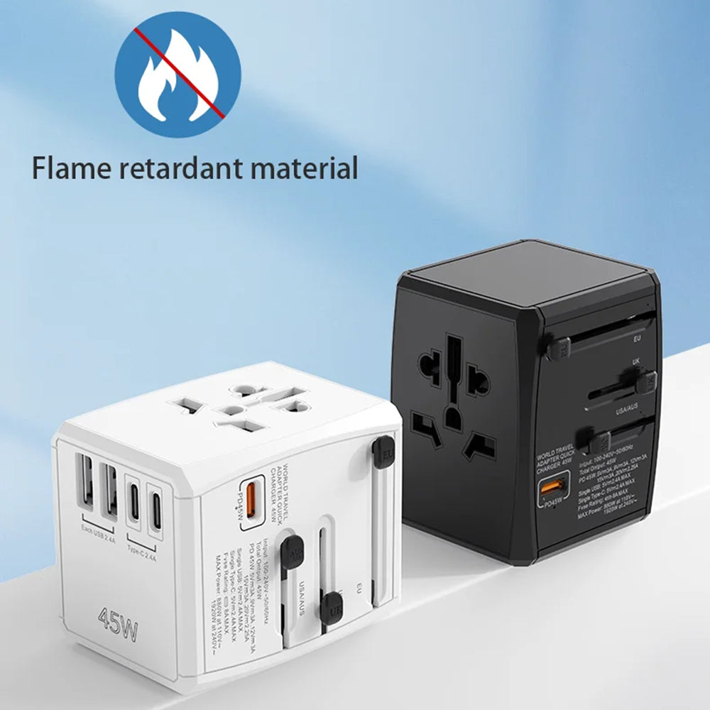 Techsuit - Travel Adapter (HHT905) - PD45W, 2 x USB, 3 x Type-C, EU, UK, AUS, US - Black