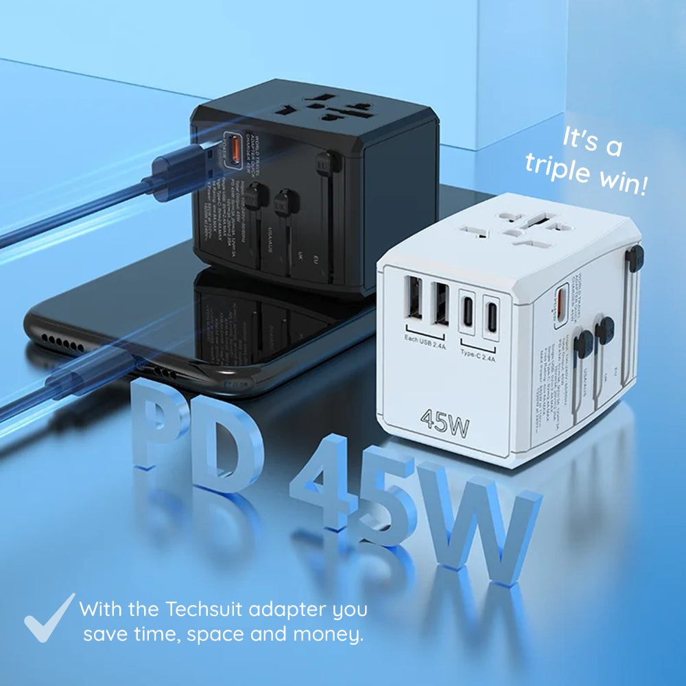 Techsuit - Travel Adapter (HHT905) - PD45W, 2 x USB, 3 x Type-C, EU, UK, AUS, US - Black
