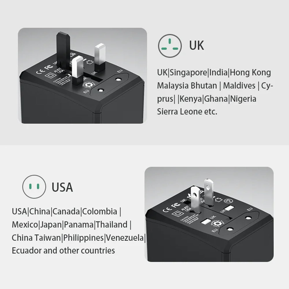 Techsuit - Travel Adapter (HHt204A) - 15W, 2xUSB-C, 2xUSB, EU, UK, AUS, US - Black