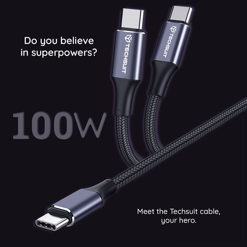 Techsuit - Data Cable (PCB018) - Type-C to Type-C, Super Fast Charging, PD100W, 480Mbps, Nylon, Aluminum Alloy, 1m - Bla