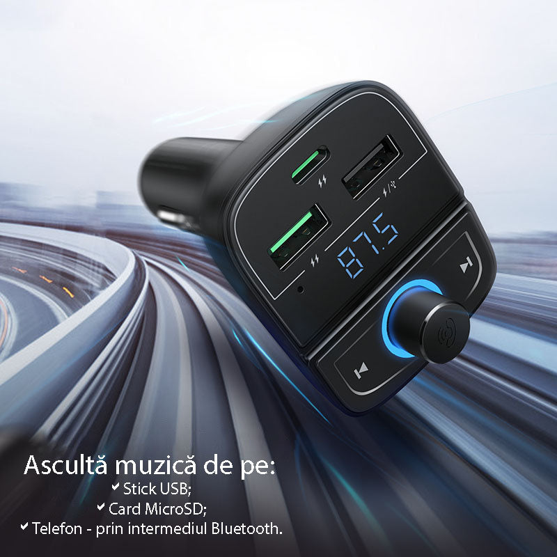Ugreen - FM Modulator with Car Charger CD229 (80910) - 2x USB-A, 1xType-C, TF Card Slot with LED Display, 31.5W - Black