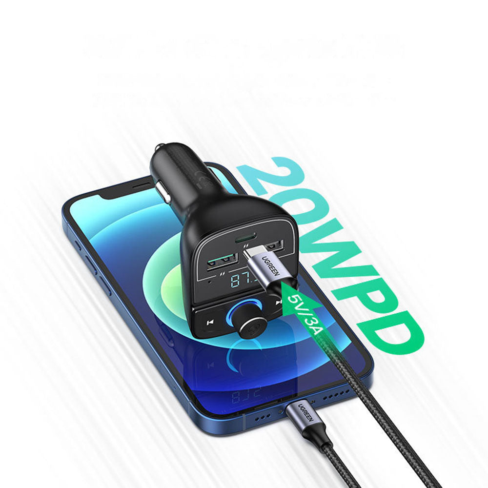 Ugreen - FM Modulator with Car Charger CD229 (80910) - 2x USB-A, 1xType-C, TF Card Slot with LED Display, 31.5W - Black