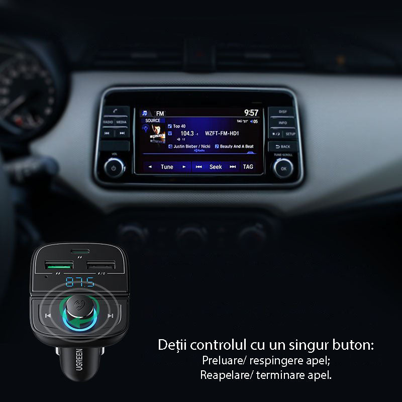 Ugreen - FM Modulator with Car Charger CD229 (80910) - 2x USB-A, 1xType-C, TF Card Slot with LED Display, 31.5W - Black