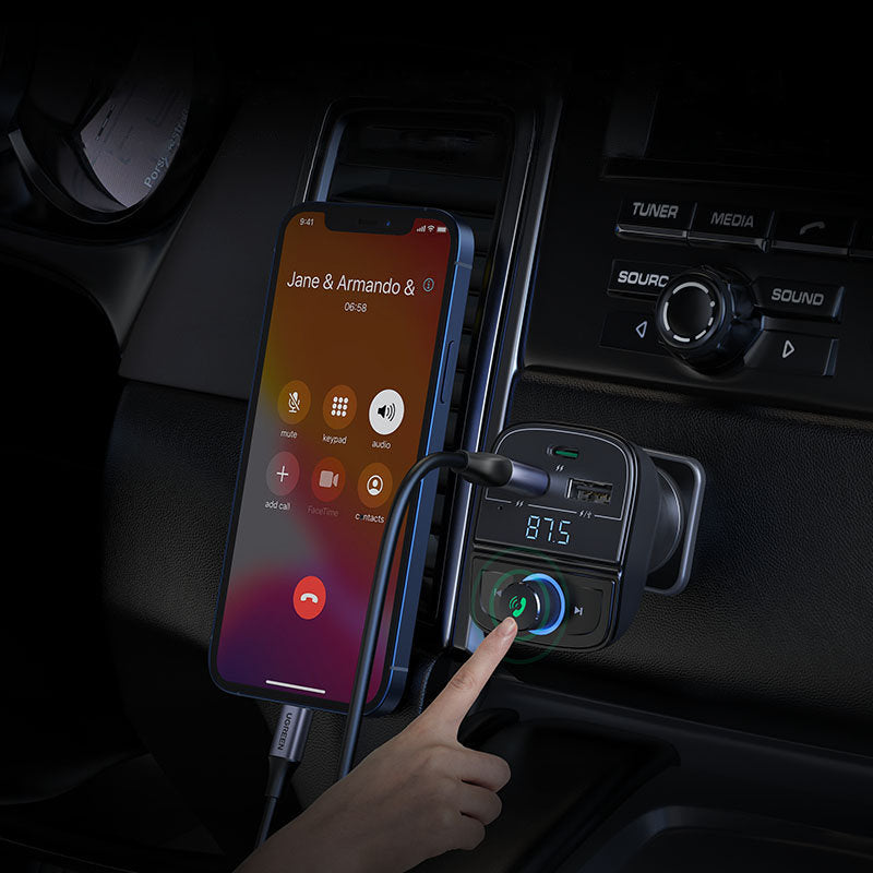 Ugreen - FM Modulator with Car Charger CD229 (80910) - 2x USB-A, 1xType-C, TF Card Slot with LED Display, 31.5W - Black