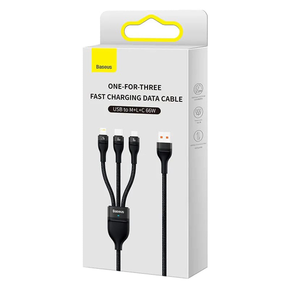 Baseus - Data Cable Flash Series 2 (CASS040001) - Fast Charge, USB to Type-C, Lightning, Micro-USB, 66W, 1.2 m - Black